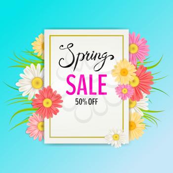 Spring Sale Banner. Hand drawn lettering. Background with chamomile, daisy, leaf and colorful flowers
