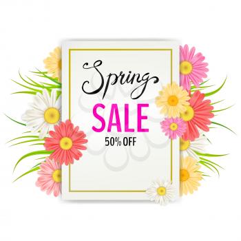 Spring Sale Banner. Hand drawn lettering. Background with chamomile, daisy, leaf and colorful flowers