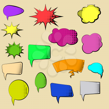 Collection of Cartoon, Comic Speech Bubbles. Colored Dialog Clouds with Halftone Dot Background in Pop Art Style.