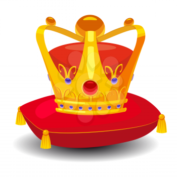 Gold crown with precious stones, on red pillow, cartoon style