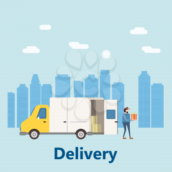 Concept delivery service, landing. Delivery truck rides on the way to the buyer