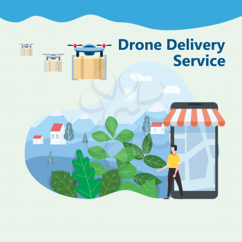 The concept of delivery of the drone flies with the mai