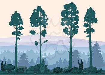 Cartoon illustration of background forest. Bright forest woods, silhouttes, trees with bushes, ferns and flowers