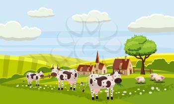 Rural cute farm view, cow, sheep, vector illustration isolated