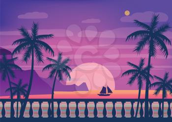 Tropical sunrise at seashore, sea landscape with palms, embankment, balusters, minimalistic illustration. Seascape sunrise or sunset.