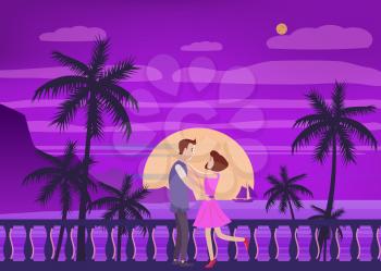 Sunset ocean, sea, palm trees, mountains, embankment, the setting sun, seascape. Meeting a couple in love romance love
