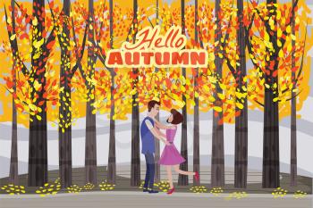 Hello autumn color illustration. Happy couple meeting and walking in park postcard design. Open air outdoor walk. Early fall landscape cartoon banner.