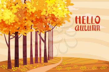 Hello autumn color illustration. In park postcard design. Open air outdoor walk. Early fall landscape cartoon banner
