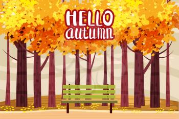 Hello autumn color illustration. In park postcard design. Open air outdoor walk. Early fall landscape