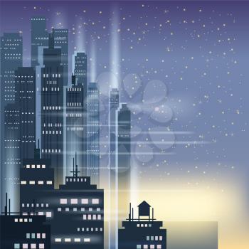 Night city, city scene, skyscrapers, towers, starry sky, lights horizon perspective vector isolated