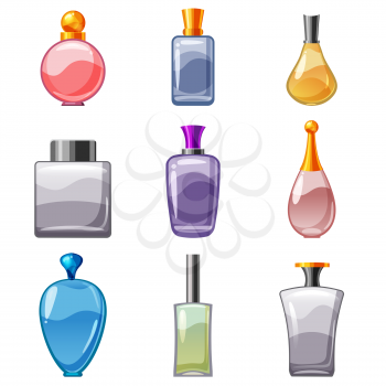 Set of perfumed bottles, perfume, cologne, toilet water, care of the body, beauty, vector isolated