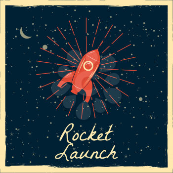 Rocket launch startup rocket retro poster with vintage colors and grunge effect. Vector, illustration