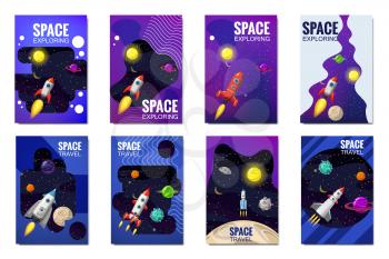 Space rocket travel cards, exploration of the universe, other planets, flying rockets, stars of distant galaxies, template of flyear, magazines, posters, book cover, banners