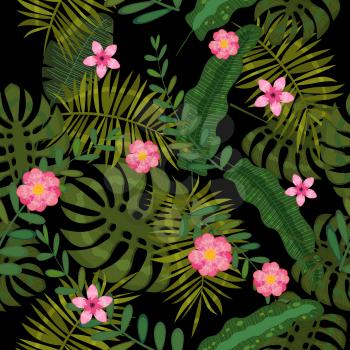 Summer seamless exotic floral tropical palm, banana leaves