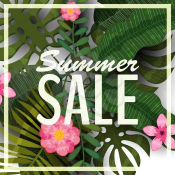 Sale banner, poster with palm leaves, jungle leaf and tropical flowers.