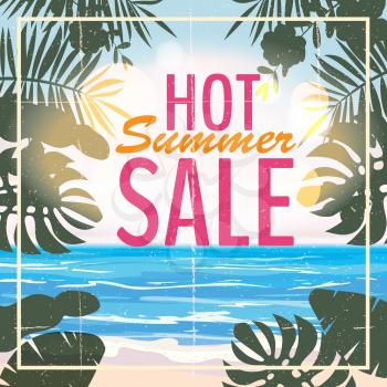 Advertisement about the summer sale on background with beautiful tropical sea beach view, flowers, leaves.