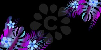 Summer template banner with holographic tropical leaves background