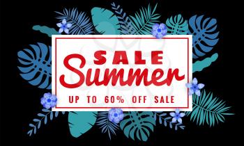 Summer sale banner with paper cut flamingo and tropical leaves background,