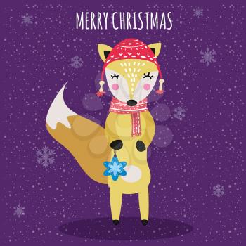 Merry Christmas Cute Fox with scarf, hat and toy, card. Hand drawn character illustration vector isolated poster