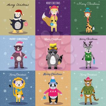 Christmas Animals Card Set cute fox, bear, cat, lion, raccoon, deer, penguin, panda, giraffe. Hand drawn collection characters illustration vector