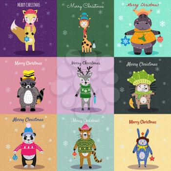 Christmas Animals Card Set cute hippo, fox, bear, cat, lion, panda, hedgehog, raccoon, deer, rabbit penguin giraffe Hand drawn collection characters illustration