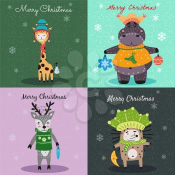 Christmas Animals Card Set cute hippo, hedgehog, deer, giraffe. Hand drawn collection characters illustration vector