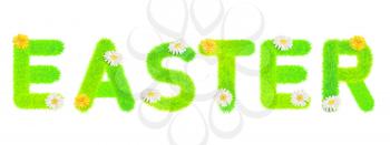 Word Easter made of fur, fluffy decoration, flowers daisey, dandelion