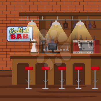Bar counter. Pub beer tap pump, stools, shelves with alcohol bottles. Pub with beer glasses.