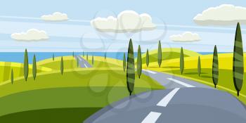 Cartoon landscape with road, higway and sunset summer, sea, sun, trees