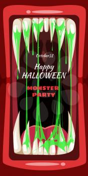 Creepy Halloween party banner scary monster character teeth jaw and tongue in mouth closeup