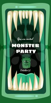 Creepy Halloween party banner scary monster character teeth jaw and tongue in mouth closeup