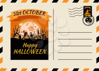 Happy Halloween Postcard invitation template with Postage Stamp background design