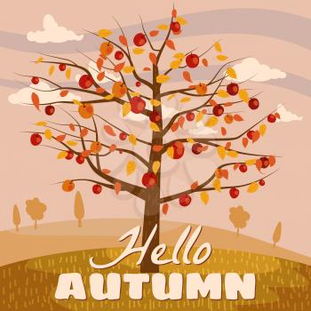 Hello Autumn apple tree landscape fruit harvest season in trend style flat cartoon panorama horizon