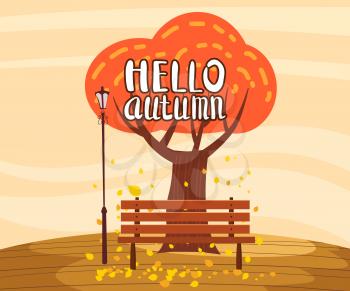 Hello Autumn landscape lonely tree in trend flat cartoon style bench