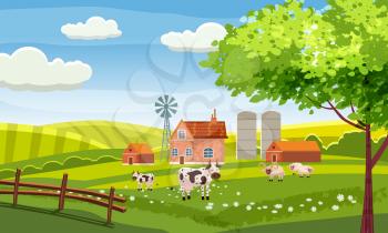 Rural farm landscape with green fields hills and farm village buildings animals cows sheeps