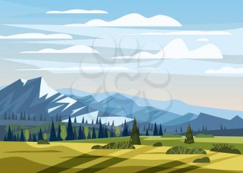 Beautiful summer mountain landscape valley rural countryside, green hills, bright color blue sky, meadows with mountains