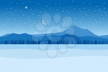 Winter night landscape mountains woodland frosen lake river ice. Pine trees snow ice and hills