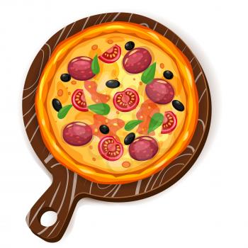 Fresh pizza with different ingredients tomato, cheese, olive, sausage basil