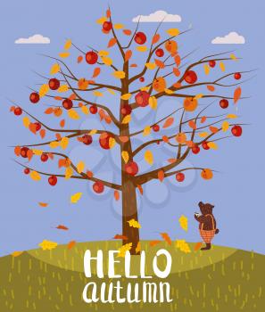 Hello Autumn lettering Apple Tree. Cute Bear covered fallen autumn leaves with cup coffee, autumn landscape fall