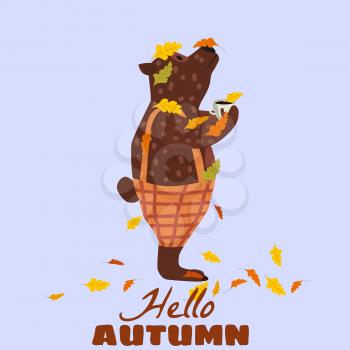 Cute autumn bear covered in fallen autumn leaves with a cup of coffee, Hello Autumn, fall