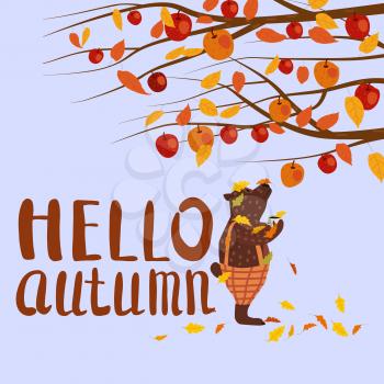 Cute autumn bear covered in fallen autumn leaves with a cup of coffee, Hello Autumn lettering, fall under apple tree