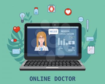 Online doctor women healthcare concept icon set. Doctor videocalling on a laptop