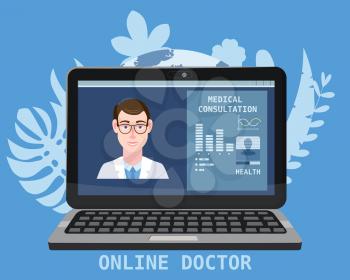 Online doctor men healthcare concept icon set. Doctor videocalling on a laptop