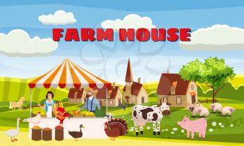 Farm House Farmer Family Sell Harvest Products Grocery On Eco Farm Organic
