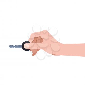 Hand holding modern key to unlock door car, home, rent, buy
