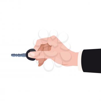 Hand holding modern key to unlock door car, home, rent, buy