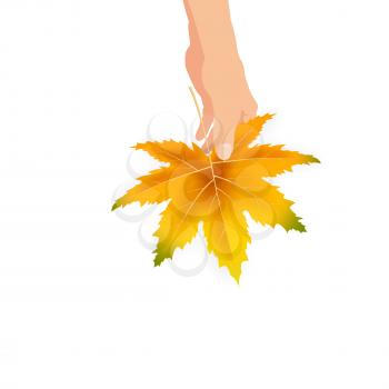 Hand hold autumn colorful leaf bright bouquet fall, floral. Hello Autumn lettering