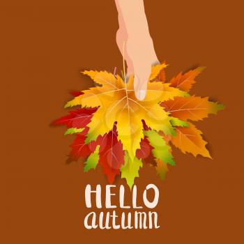 Hand hold autumn colorful leaves bright bouquet fall, floral. Hello Autumn lettering