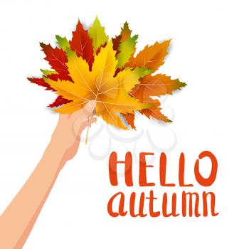 Hand hold autumn colorful leaves bright bouquet fall, floral. Hello Autumn lettering