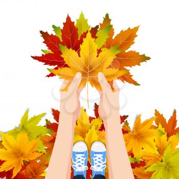 Hands hold autumn colorful leaves bright bouquet fall, floral. Hello Autumn lettering